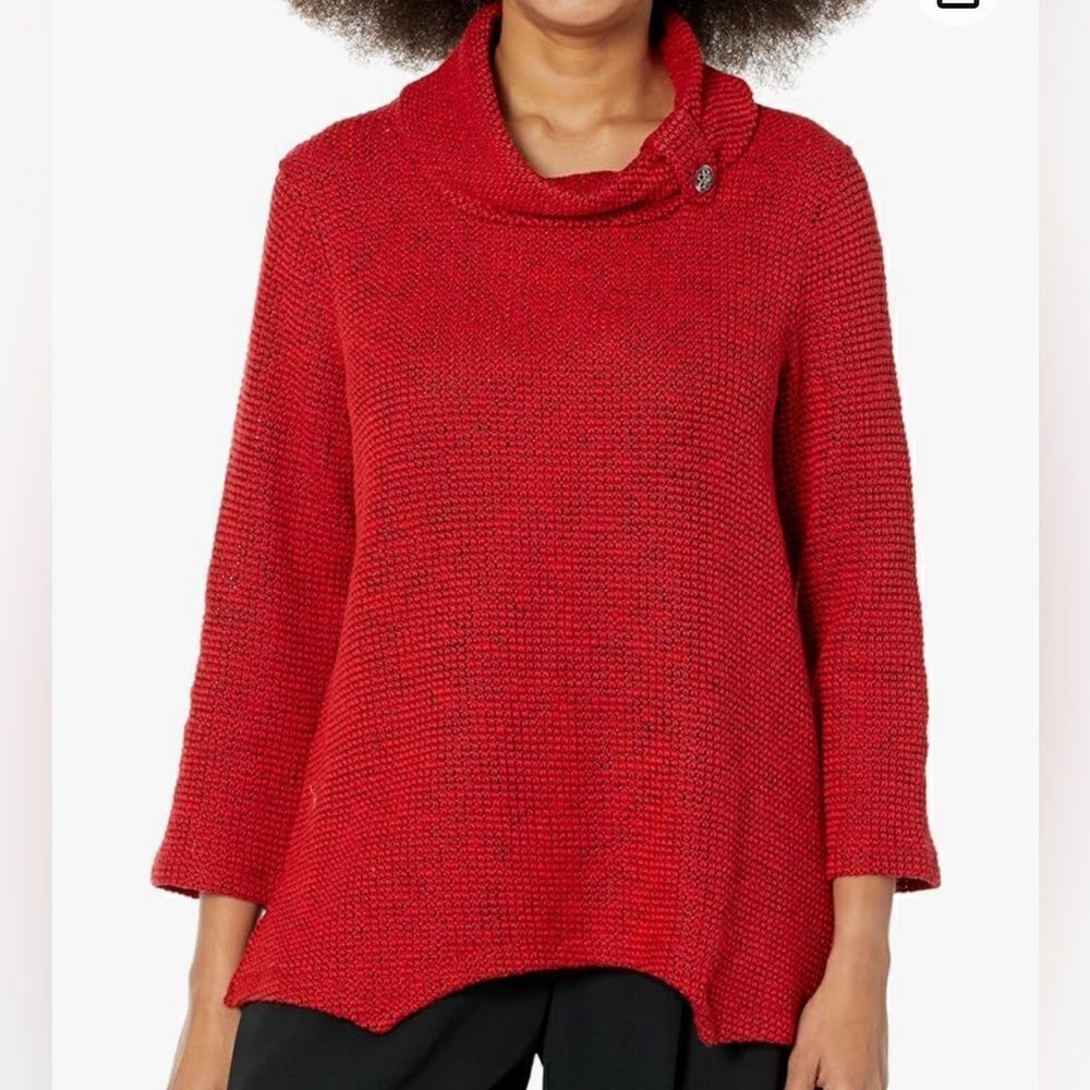 New! MULTIPLES Three Quarters Sleeve Cowl Collar Sharkbite Hem Red Sweater Sz XL